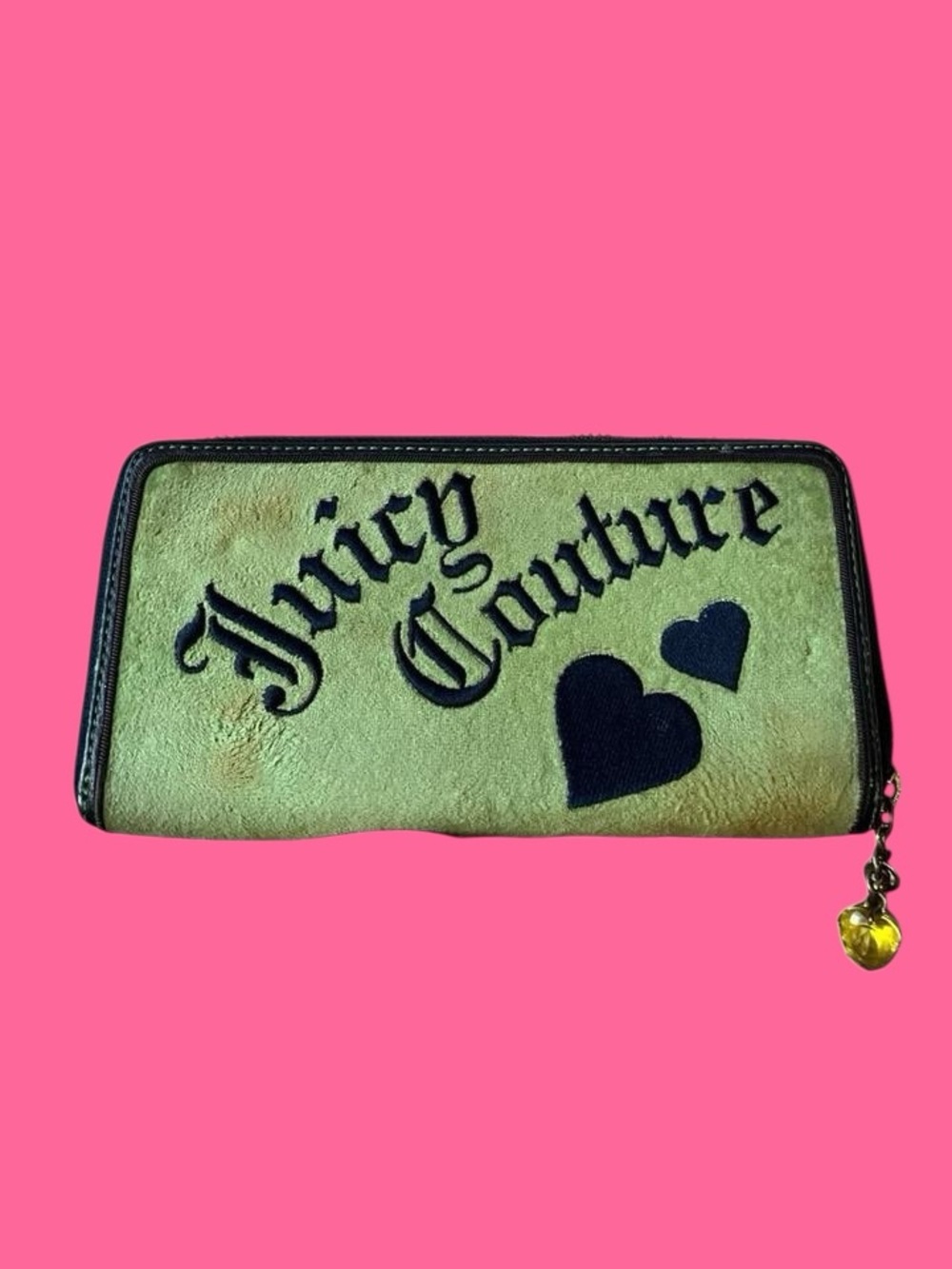 Juicy Couture Green Suede Zip Wallet with Black Logo Hearts